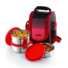 CELLO MF Plastic Matiz Lunch Box (375ml, Red) | Stainless Steel Lunch Box with Plastic Lid 3 Unit | Lunch Box with Jacket and Handle | Ideal for Office