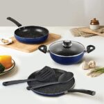 Cello Regal Non Stick 5 Piece Regal Cookware Set, Induction and Gas Compatible, Blue with Spatter & Spoon | Cookware Set for Kitchen