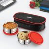 CELLO Eco Bite Stainless Steel Lunch Box 2 Container with Jacket, Red | Microwave Safe & Leak Proof Containers | Full Meal and Easy to Carry