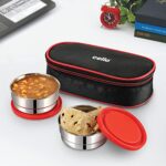 CELLO Eco Bite Stainless Steel Lunch Box 2 Container with Jacket, Red | Microwave Safe & Leak Proof Containers | Full Meal and Easy to Carry