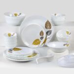 Cello Opalware Dazzle Series Autumn Leaf Dinner Set, 35 Units | Microwave & Dishwasher Safe | Light-Weight & Thermal Resistant | Crockery Set for Dining & Gifting