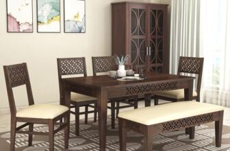 SONA ART & CRAFTS Solid Sheesham Wood Dining Table 6 Seater Dining Table Set with 4 Chairs & 1 Bench Dinner Table Set for Dinning Room Home, Hotel and Office (Walnut)