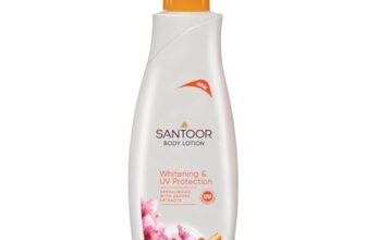 Santoor Perfumed Body Lotion With Sandalwood & Sakura Extracts For Skin Whitening & Uv Protection| Deep Moisturization & Sunburn Reduction| Non-Greasy Lotion For Normal Skin| 400Ml