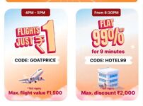 Flipkart : Flight Booking Just Rs.1 & Hotel At 99% Off Link : Flash Deals Every Hour : 3 PM – International Trips: Buy 2 Get 1 Free4 PM – Flights at ₹15 PM – Goa Flights Just ₹4996:30 PM – Hotels at 99% OFFOffer Valid 22nd – 28th July