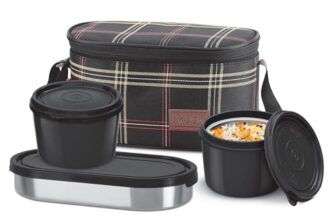 Milton Decker Lunch Box With Insulated Fabric Jacket, 3 Containers (1 Oval Stainless Steel 450 Ml, 2 Inner Stainless Steel 450 Ml), Microwave Safe & Leak-Proof Tiffin For Office, School, College,Black