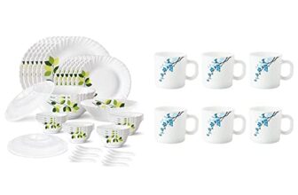 Larah By Borosil Green Leaves Silk Series Opalware Dinner Set, 35 Pieces, White+Larah By Borosil Mimosa Opalware Mug Set, 6-Pieces, White