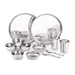 Attro Stainless Steel Solid Dinner Set Of 2 Thali, 2 Plate, 4 Bowl, 2 Glass, 2 Spoon (Thali Diameter 12 Inch) – Set Of 12, Silver, Standard