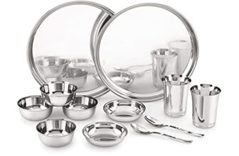 Attro Stainless Steel Solid Dinner Set Of 2 Thali, 2 Plate, 4 Bowl, 2 Glass, 2 Spoon (Thali Diameter 12 Inch) – Set Of 12, Silver, Standard