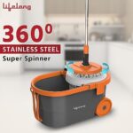 Lifelong 12L Spin Floor Mop Set With Bucket With 360 Degree Spinner, Floor Cleaning & Mopping System, Microfiber Refills (Orange, Llmop901)