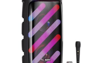 Ptron Fusion Bold 100W Karaoke Bluetooth Party Speaker W/Immersive Stereo Sound, Vibrant Rgb Lights, 3M Wired Mic, Playback Via Bt/Usb/Sd Card/Aux, Mini Remote Control & Type-C Charging (Raven Black)