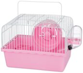 Amazon Basics Hamster, Gerbil, Guinea Pig Cage and Playhouse, Spacious cage for Small Pets, Double Story with Slide, Exercise Wheel and Feeding Bottle | 23.44 X 17.19 X 25.18 cm | Pink