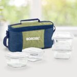 Borosil Ace Series Lunchbox with Bag | 4pc Square Container Set (320ml Each) | Made in India Borosilicate Glass Tiffin | Microwave & Dishwasher Safe Lunch Box for Office, College & School