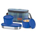Milton Decker Lunch Box with Insulated Fabric Jacket, 3 Containers (1 Oval Stainless Steel 450 ml, 2 Inner Stainless Steel 450 ml), Microwave Safe & Leak-Proof Tiffin for Office, School, College, Blue