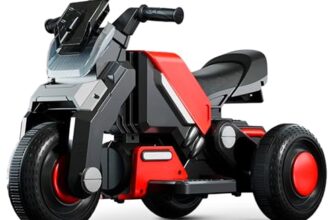 Kidsmate Hyrider 6V Electric Kids Bike with Rechargeable 6.5 Ah Battery Inbuilt Imported Motor Drive | Music Player, Front LED Light & Foot Accelerator Pedal Bike for Ages 1-4 Years – Red