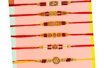 Rakhi Set for Brother – Traditional Religious Handmade Rakhis | 6 Dora Combo Beads Greeting Card and Tilak Set Combo | Best for Brother | Raksha Bandhan (Rakhi Set of 6)