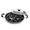 Cello Non-Stick 12 Cavity Appam Patra With Dual Side Handles & Stainless Steel Lid, Black | Multipurpose Appam Maker, Litti Maker, Appe Stand, Grill Pan