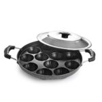 Cello Non-Stick 12 Cavity Appam Patra With Dual Side Handles & Stainless Steel Lid, Black | Multipurpose Appam Maker, Litti Maker, Appe Stand, Grill Pan