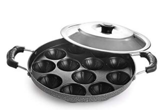 Cello Non-Stick 12 Cavity Appam Patra With Dual Side Handles & Stainless Steel Lid, Black | Multipurpose Appam Maker, Litti Maker, Appe Stand, Grill Pan