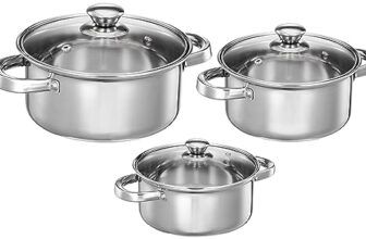 Amazon Solimo Set Of 3 Stainless Steel Casseroles | Glass Lid | Flat Bottom | Dishwasher-Safe | 16 Cm, 18 Cm, 20 Cm | 2.3 Liter, 3 Liter, 1.7 Liter | Silver
