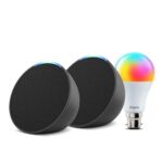 Amazon Echo Pop (Black) gift twin pack with Wipro 9W Simple Setup LED Smart Color Bulb and Alexa | with Smart Home controls
