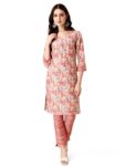 Pratham Blue Kurta Set For Women Cotton Blend Straight Printed Kurta Set For Women With Pant (Pb-6197-Xxl_Beige And Pink)