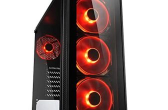 Sharkoon TG4 Mid Tower PC Computer Case I Support Mini-ITX, Micro-ATX, ATX Motherboard I Side Panel Tempered Glass with 4 x 120 mm Red LED Fan (pre-Installed) – Black
