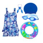 Home JMT Wear Swimming Kit Combo for Girls | Swimming Costume, Goggles, Swim Cap, Nose Clip, Ear Plugs | Complete Swimwear Swimsuit Set for Girls of All Ages Blue