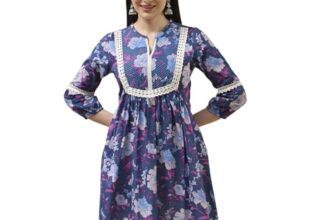 BIBA Women’s 60’S Cambric Printed Straight Kurti (ROSN19176ESS25IBLU_Ice Blue