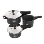 Pigeon Aluminium Hard Anodised Induction Base Pressure Cooker Outer Lid Combo with Common Lid (2L, 3L, 5 L, Black)