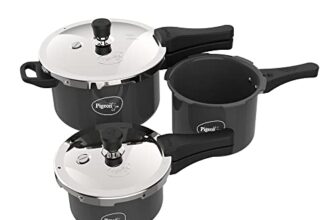 Pigeon Aluminium Hard Anodised Induction Base Pressure Cooker Outer Lid Combo with Common Lid (2L, 3L, 5 L, Black)