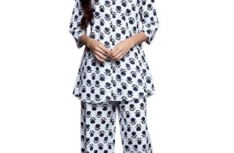 Libas Womens Printed Cotton Blend Night Suit Set for Women White