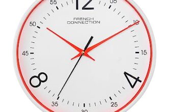 French Connection Plastic Elegant Decorative White Analog Wall Clock with Red Rim – Size 12 Inches – Fcwc04-A