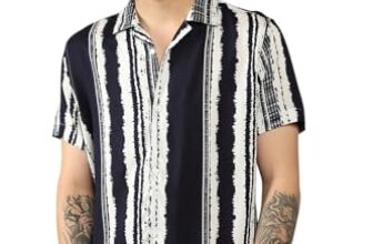 Dennis Lingo Men’s Navy | Stripes | Cuban Collar | Half Sleeve | Relaxed fit Casual Shirt (DLMSHS24080_NV_S)