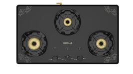 Havells Nucleus Slim Manual Gas stove|3 Heavy Duty Forged Brass Burner|8 mm toughened glass|Premium Valves|Removable Drip Tray|Soft Touch Knobs|5 year Warranty on Burners,Glass & Valves (Black)