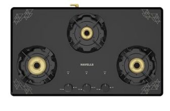 Havells Nucleus Slim Manual Gas stove|3 Heavy Duty Forged Brass Burner|8 mm toughened glass|Premium Valves|Removable Drip Tray|Soft Touch Knobs|5 year Warranty on Burners,Glass & Valves (Black)