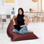 Amazon Brand – Solimo Premium Faux Leather Triangle Bean Bag, Filled with Beans | Capacity: Upto 6 Ft 3 in Height, 120 Kg Weight | Tan
