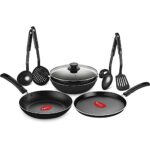 Pigeon by Stovekraft Pigeon Mio Nonstick Aluminium Cookware Gift Set, Includes Nonstick Flat Tawa, Nonstick Fry Pan, Kitchen Tool Set, Nonstick Kadai with Glass Lid, 8 Pieces Kitchen Set (Black)