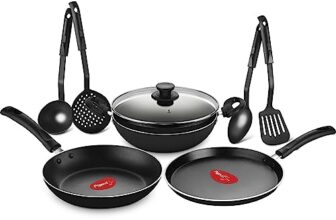 Pigeon by Stovekraft Pigeon Mio Nonstick Aluminium Cookware Gift Set, Includes Nonstick Flat Tawa, Nonstick Fry Pan, Kitchen Tool Set, Nonstick Kadai with Glass Lid, 8 Pieces Kitchen Set (Black)