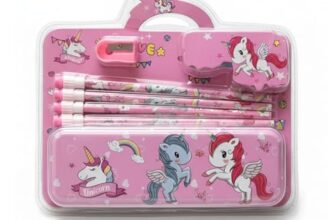 JOUET Unicorn Stationery Kit for Girls Metal Pencil Box Set with 4 Pencils, Sharpener, Eraser & Grip Jumbo School Supplies Combo Pack Best Birthday Return Gift for Kids