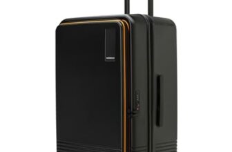 MOKOBARA The Access Trunk Expandable Luggage – Black | Unisex Polycarbonate Hardshell Sided Inline Suitcase with Built in TSA Lock Travel Inline Suitcase (Black and Yellow) H-77 cms Large