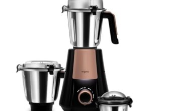 Wipro Elato Divine FMG 214 800 Watt Mixer Grinder with 3 Jars, Heavy Duty 100% Copper Ball Bearing Motor with 5 Year Warranty,Superfast Grinding, Clip Lids – Hands Free use,3 Jars Mixer Grinder, Black