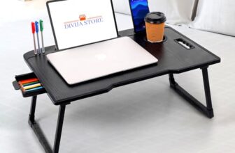DIVIJA STORE Wood Smart Multipurpose Foldable Laptop Table with Cup Holder, Study Table, Bed Table, Breakfast Table, Foldable and Portable/Ergonomic & Rounded Edges/Non-Slip Legs (Black), 59 cm, 8 cm