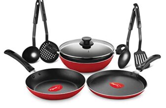 Pigeon by Stovekraft Mio Nonstick Aluminium Cookware Gift Set, Includes Nonstick Flat Tawa, Nonstick Fry Pan, Kitchen Tool Set, Kadai with Glass Lid, 8 Pieces Non-Induction Base Kitchen Set – Red