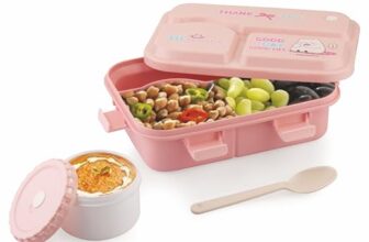 ATTRO Smiley Bite Plastic Lunch Box – 3 Compartment Bento Tiffin, Leak-Proof & Durable, Plastic Spoon, Ideal for Kids, School, Picnic– 1220ml+200ml, Peach