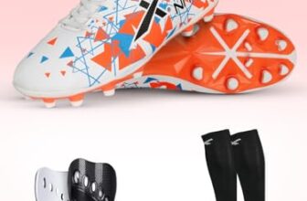 Vector X Mens Nitro-X Synthetic Leather Upper|TPU Sole Football Soccer Shoes/Studs with Socks Shinguard Combo Walking |Lace-Up|Comfortable Sports Footwear Shoe for Adult, Men Boys (White-Orange, 10)