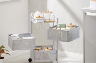 Amazon Brand – Solimo 360° Revolving 3 Layer Multipurpose Kitchen Trolley Rack with Wheels | Steel Square Organizer | for Fruit, Vegetable Storage | Preassembled | Matte Silver Finish | 31 x 61 cm