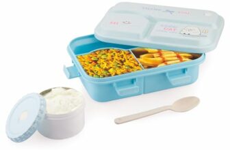 ATTRO Smiley Bite Plastic Lunch Box – 3 Compartment Bento Tiffin, Leak-Proof & Durable, Plastic Spoon, Ideal for Kids, School, Picnic– 1220ml+200ml, Blue