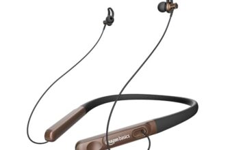 amazon basics in-Ear Wireless Neckband with Mic, Up to 18 Hours Play Time, Bluetooth 5.1, Voice Assistance, Noise Cancellation, IPX4 Water-Resistance, Magnetic Earbuds (Brown)