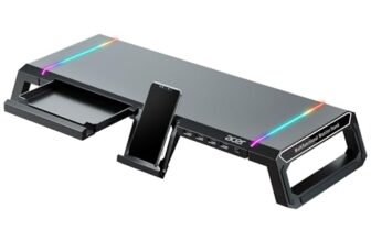 Acer Ergo Multifunction Monitor & Laptop Stand Featuring RGB Lighting and a 4-Port USB Hub with Aluminum Multi Keyboard Storage Space Bar, Suitable for Both Office and Home Environments (Black)