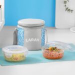 Larah Glassware Vogue Borosilicate Glass Lunchbox with Bag | 2pc Round Container (400 ml Each), Vertical | Microwave & Dishwasher Safe, Leakproof | Tiffin for Office, School, College | Blue